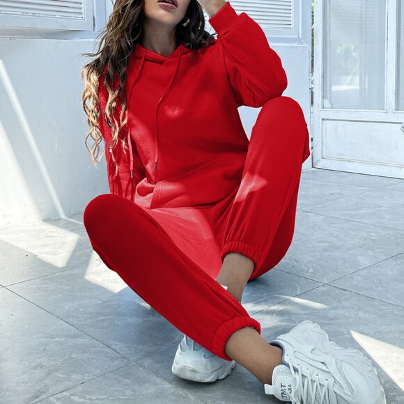 Red Casual Women's Drawstring Hoodie & Sweatpants set coord set - Picture 1 of 6